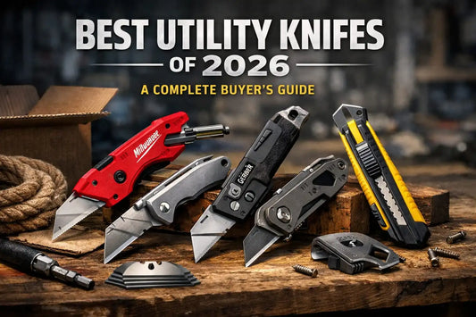 Types of utility knives for every need, displayed on a wooden table, showing a buying guide.