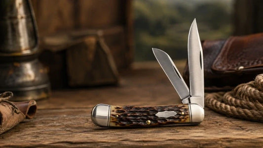 Traditional trapper knife with clip point and spey blades open on a rustic wooden surface