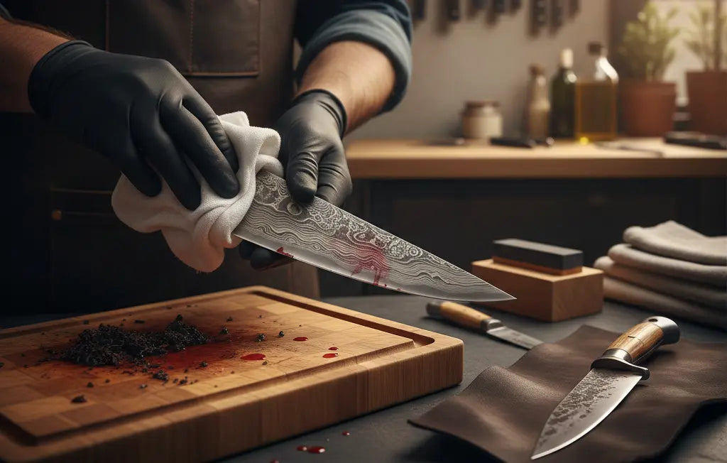 A chef cleaning blood stains from a blade, showing why do people clean blood off blades