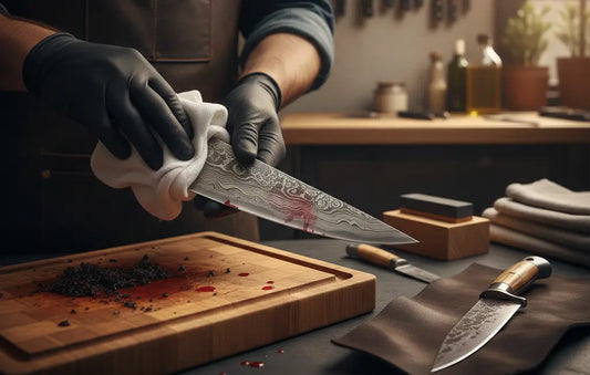 A chef cleaning blood stains from a blade, showing why do people clean blood off blades