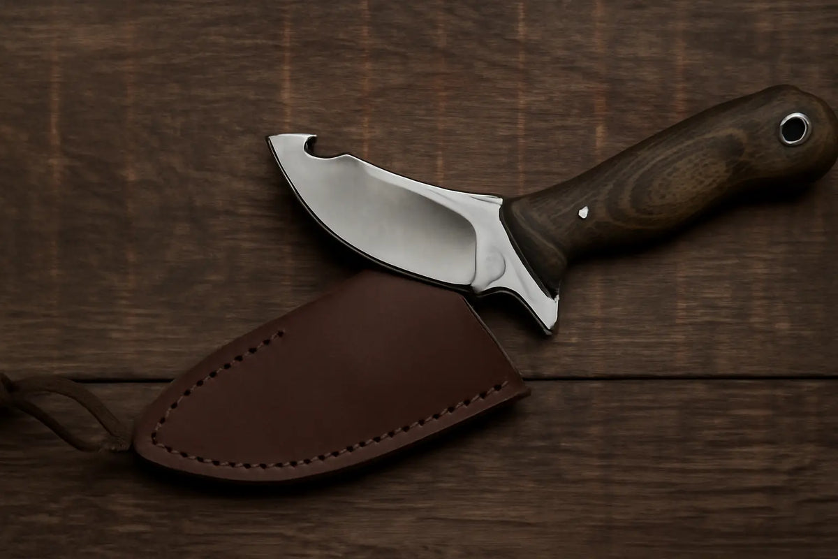 A hunting knife with a 420HC steel guthook blade and wooden handle resting on a rustic wooden surface with a brown leather sheath.