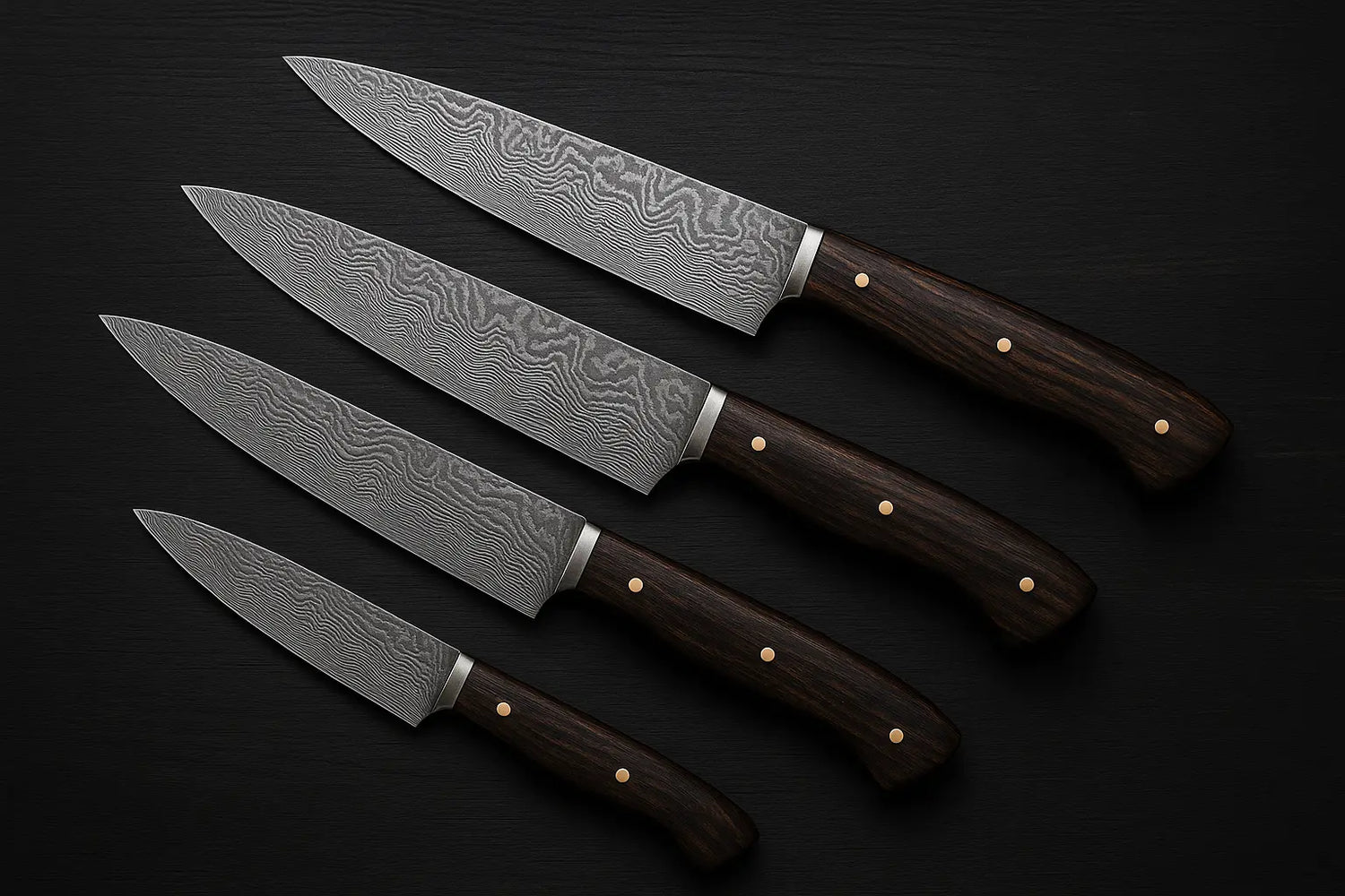 Strongest handmade Damascus Hunting knives with layered blades and dark wood handles on black background