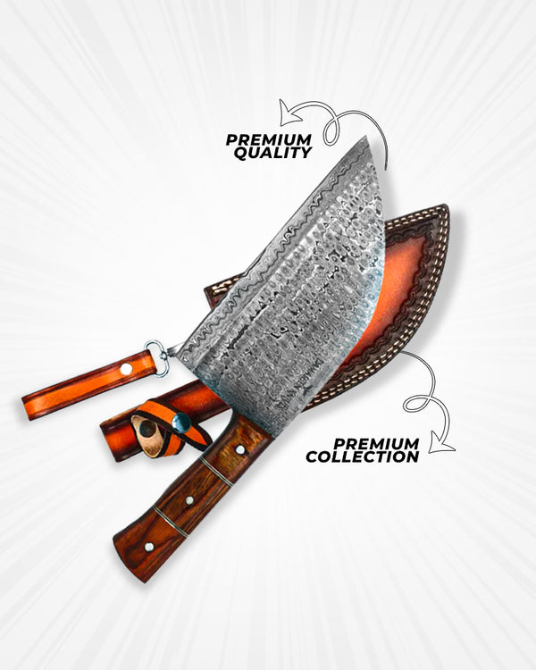 12-Inch Hand-Forged Damascus Steel Kitchen Knife – Full-Tang Fixed Blade with Wooden Handle & Premium Leather Sheath