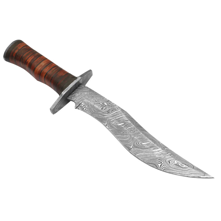 15 inch Damascus steel hunting knife with cowhide leather handle horizontal display
