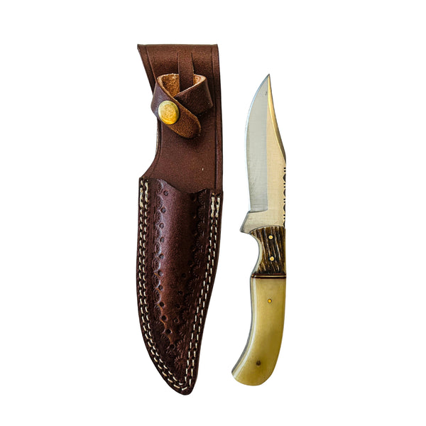 Grizley Hunting Knife – 4" Blade, Stag/Bone Handle, Leather Sheath