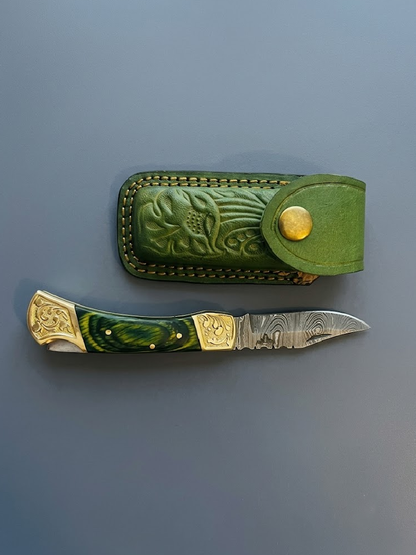 The Rambler: Lockback Folding Pocket Knife with Multicolor Wooden Handle & Leather Sheath