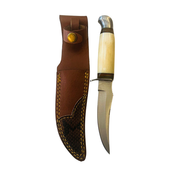 American Classic Hunting Knife – 4" Blade, Bone Handle, Leather Sheath