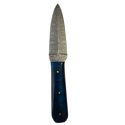 Damascus Fixed Blade Knife with Blue Resin Handle – 4.5" Hand-Forged Blade & Genuine Leather Sheath