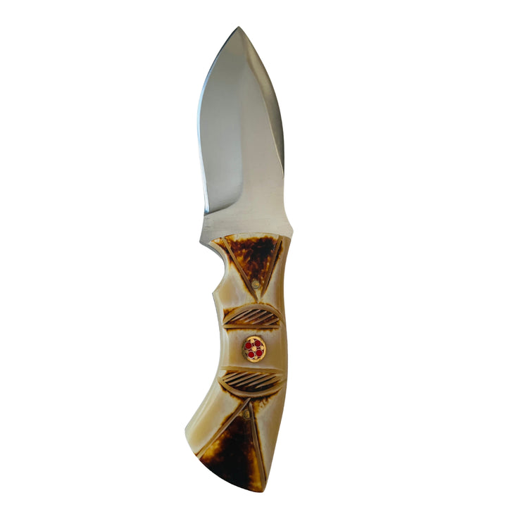 Front view of 4-inch Damascus hunting knife showing hand-forged blade and genuine bone handle.
