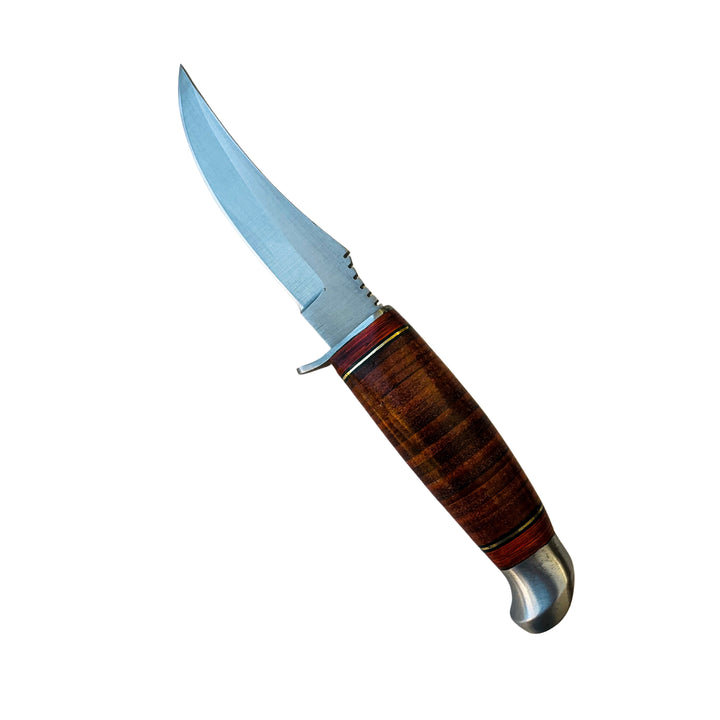 Side view of 4-inch Damascus hunting knife with polished wooden handle