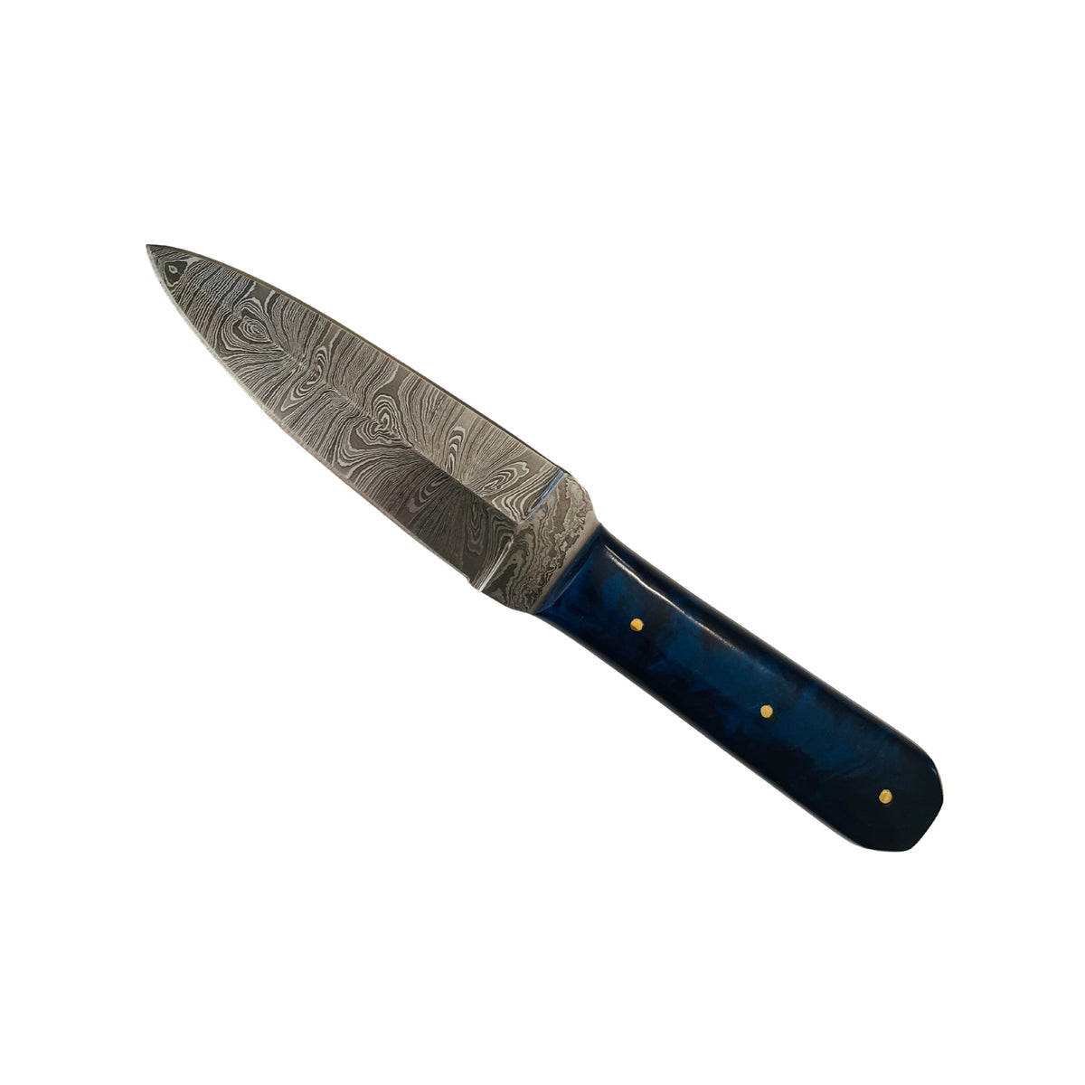 Damascus Fixed Blade Knife with Blue Resin Handle – 4.5" Hand-Forged Blade & Genuine Leather Sheath