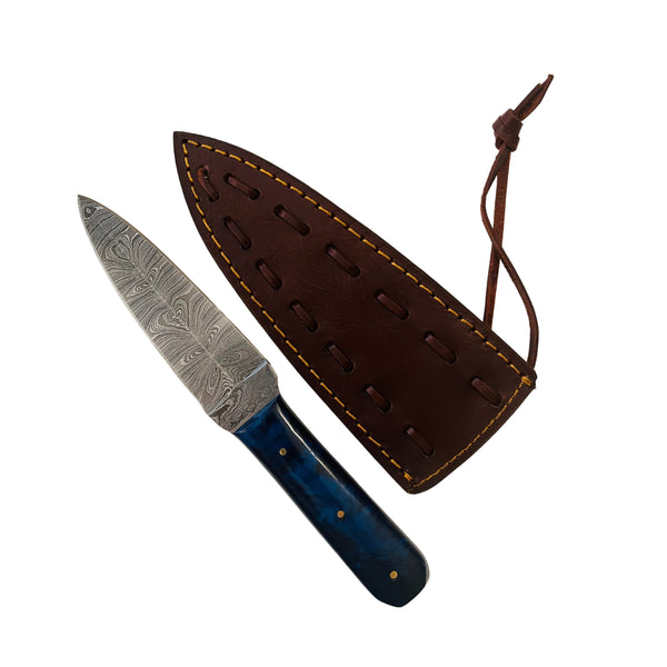 Damascus Double-Edged Knife – 4.5" Blade, Blue Raisin Handle, Sheath