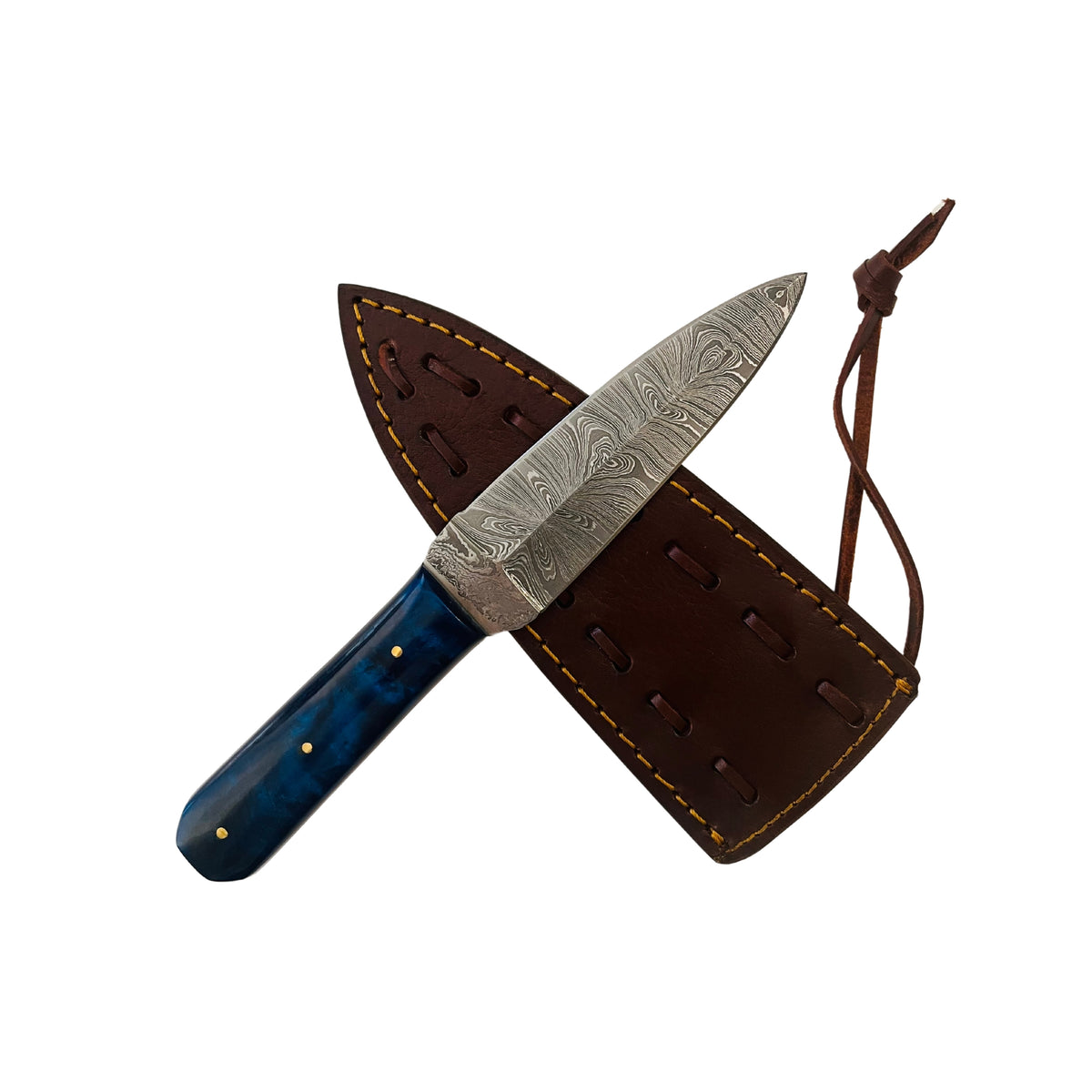 Damascus Fixed Blade Knife with Blue Resin Handle – 4.5" Hand-Forged Blade & Genuine Leather Sheath
