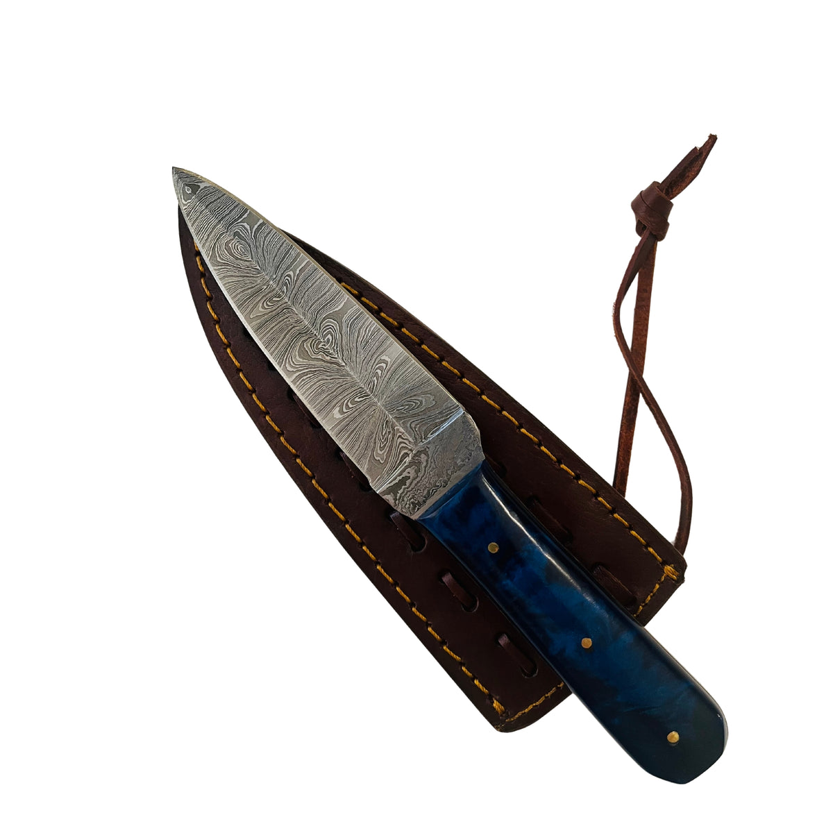 Damascus Fixed Blade Knife with Blue Resin Handle – 4.5" Hand-Forged Blade & Genuine Leather Sheath