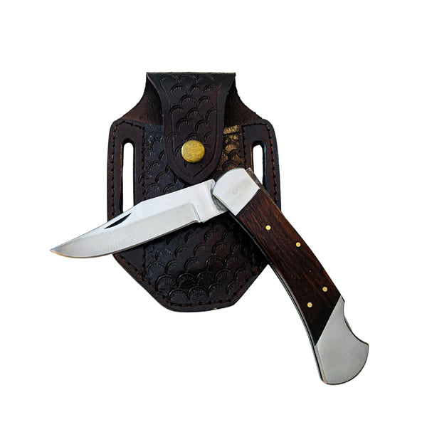 Puma Classic Damascus Folding Pocket Knife – 4″stainless steel Fixed Blade, Dark Wood Handle & Leather Sheath