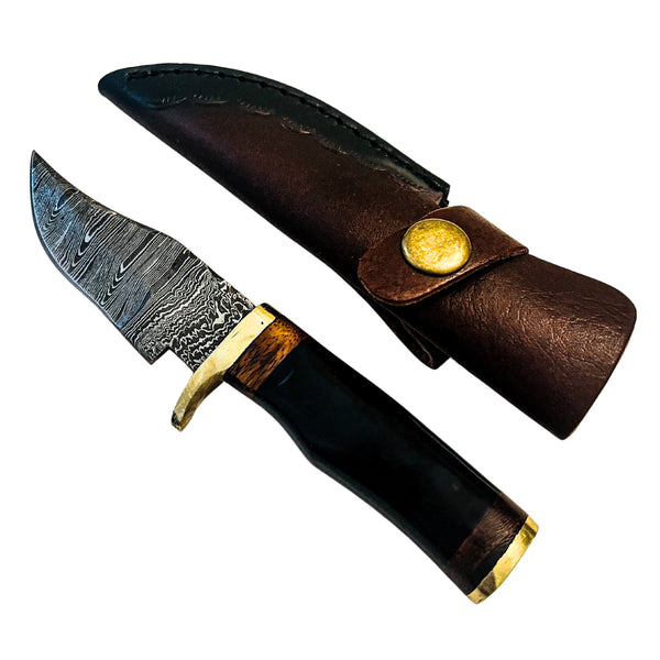 Damascus Skinner – 3" Blade, Dark Wood Handle, Leather Sheath