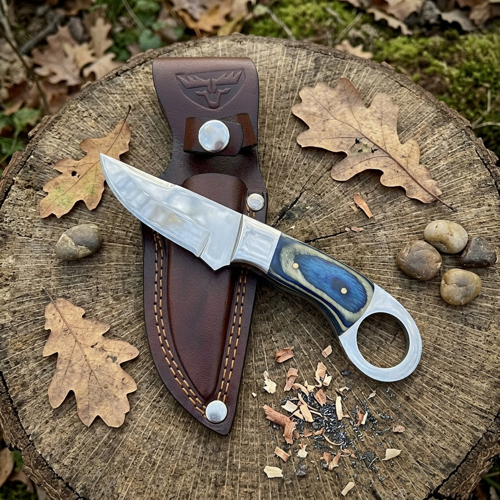 A fixed-blade knife with a polished silver blade and a blue marbled handle rests on a brown leather sheath, both placed on a round wooden log surrounded by oak leaves and small stones.