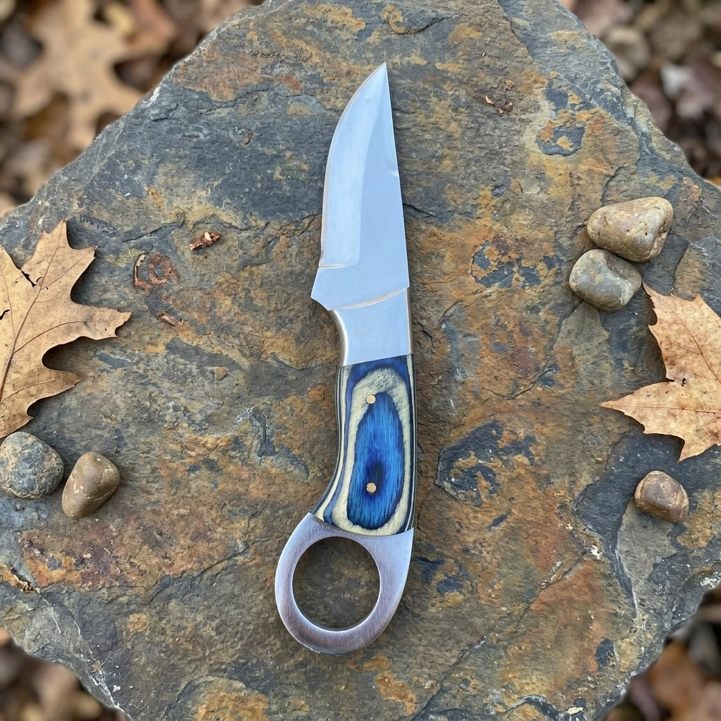 A fixed-blade knife with a satin silver blade and a blue, green, and beige inlay handle, resting on a textured brown rock outdoors with dry leaves and small stones around it.