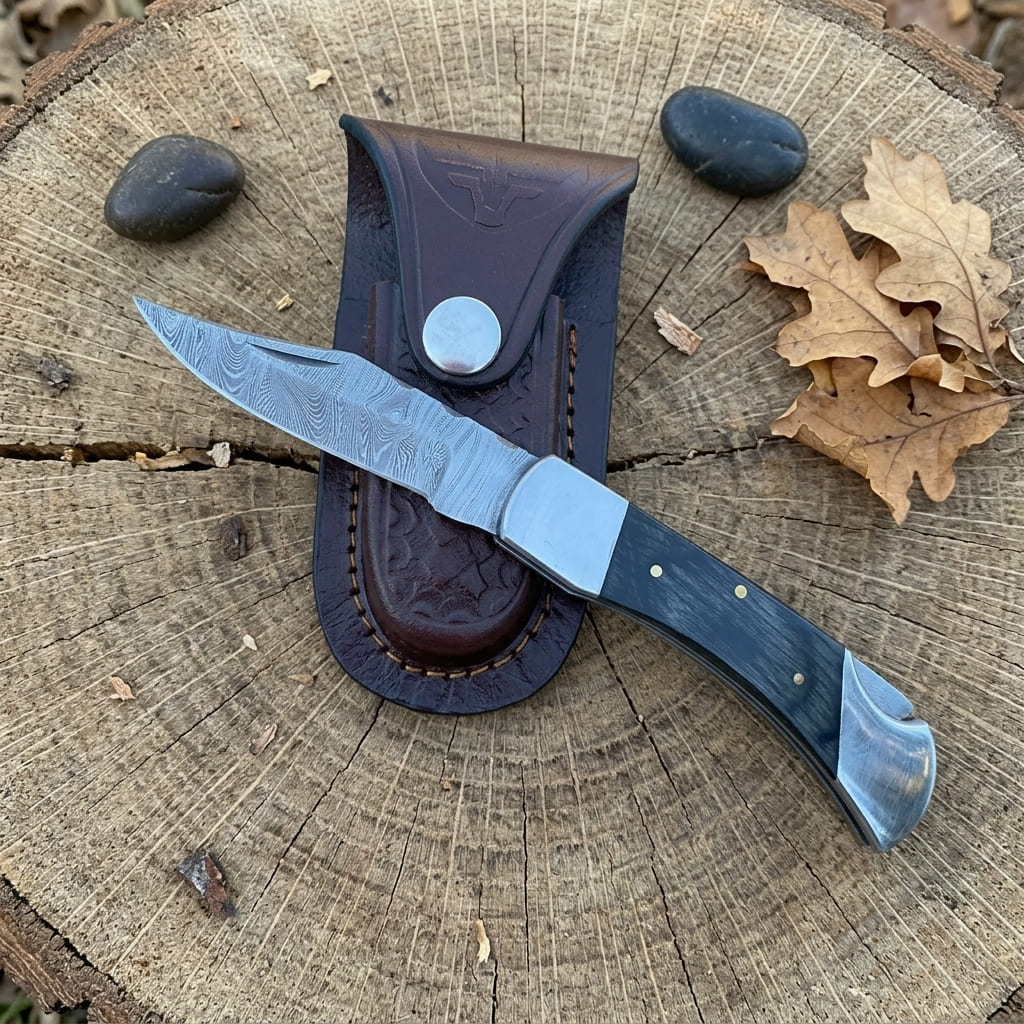 A folding pocket knife with a patterned steel blade and dark handle rests on a brown leather sheath, placed on a cut tree stump with oak leaves and stones around it.