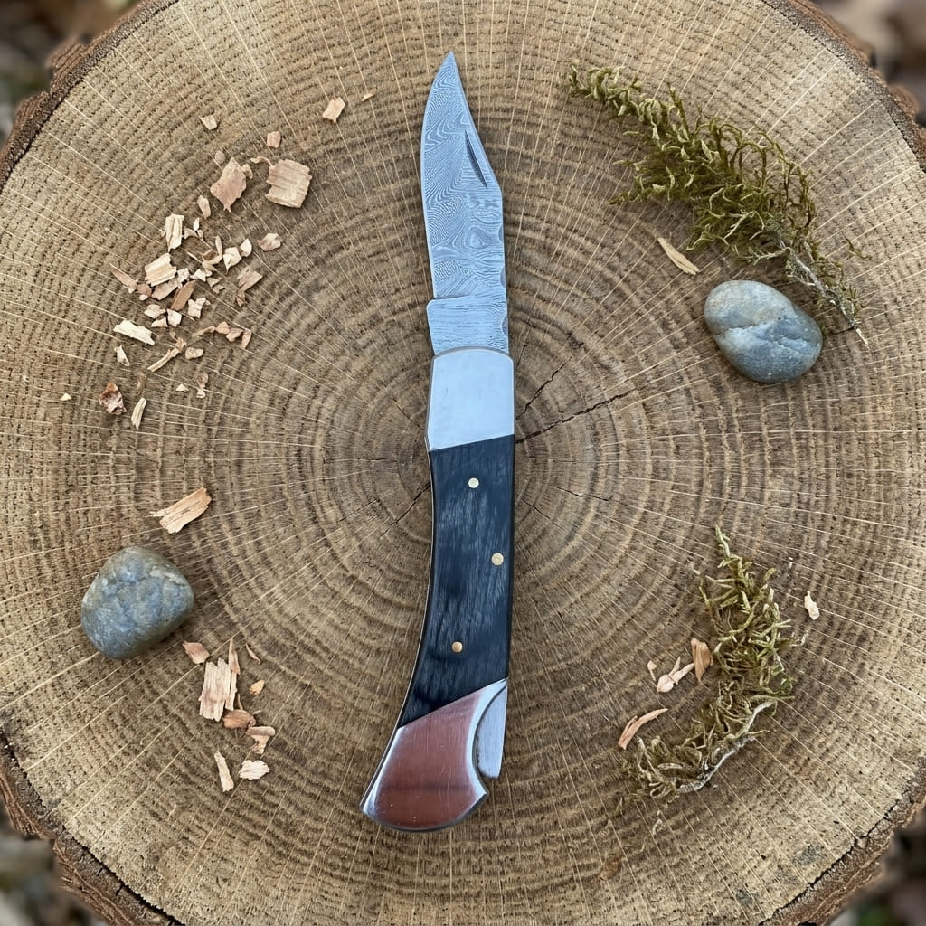 A folding pocket knife with a patterned steel blade, a silver bolster, and a dark wood handle with brass pins, displayed on a cut tree stump with wood shavings, moss, and stones.