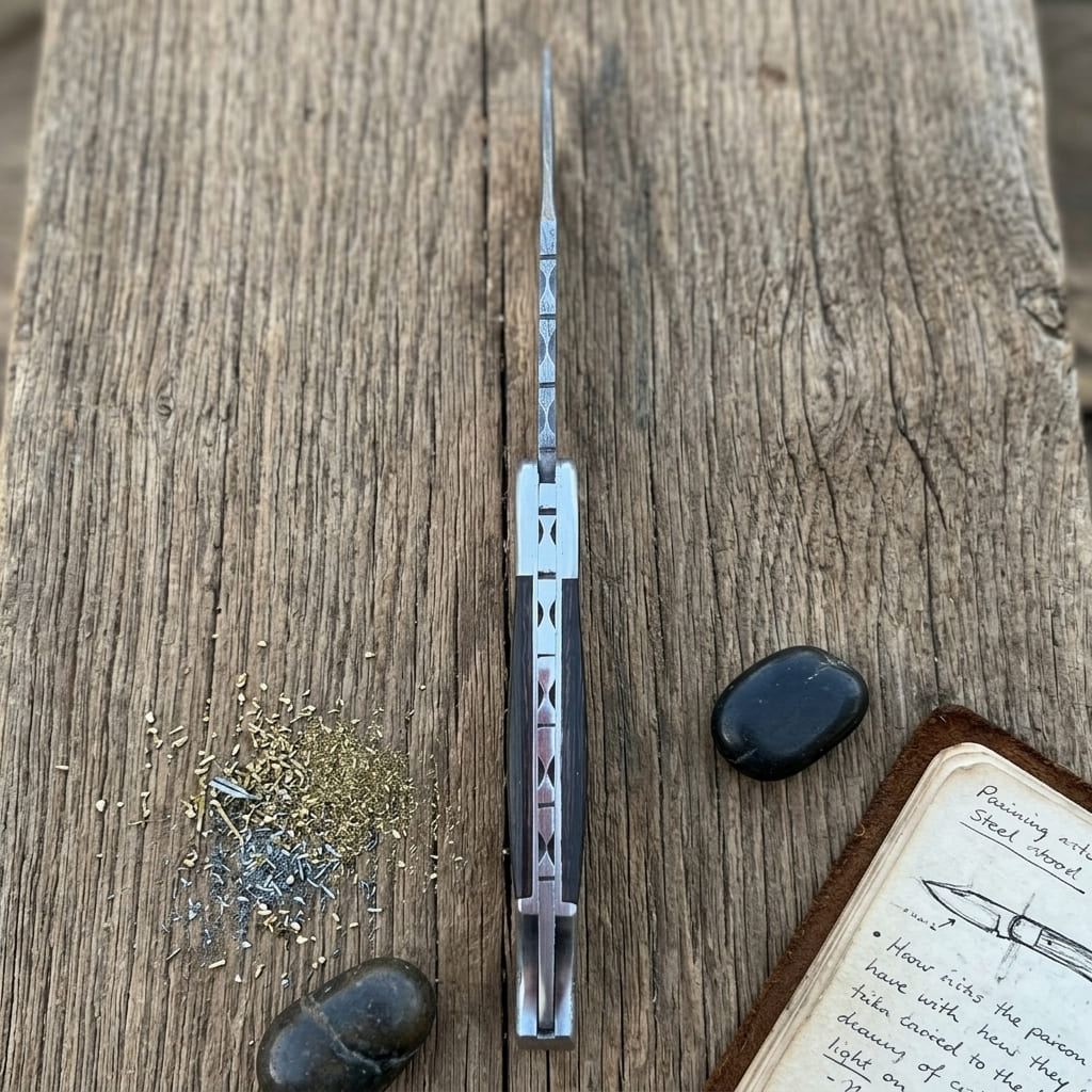 A folding pocket knife with a silver metallic blade and handle is displayed on a rustic wooden surface, flanked by two dark stones, a small pile of brass pins, and an open vintage notebook.