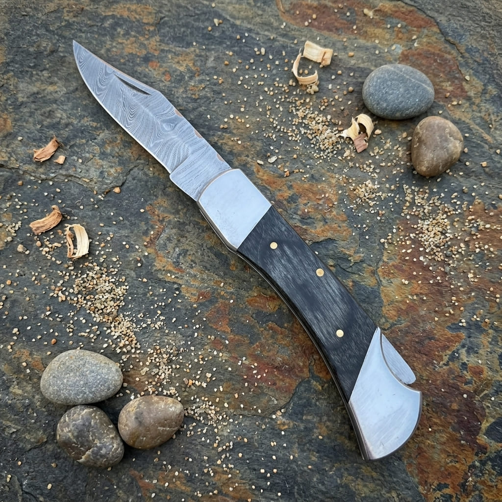 A folding pocket knife with a Damascus steel blade and a black handle with brass pins, displayed diagonally on a textured stone surface with small wood shavings and stones.