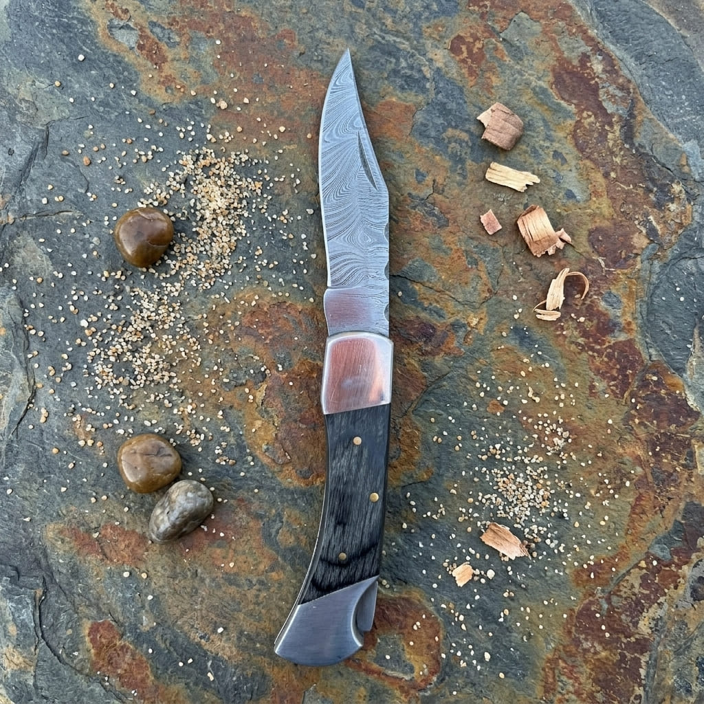 Close-up of patterned steel blade on a folding pocket knife


