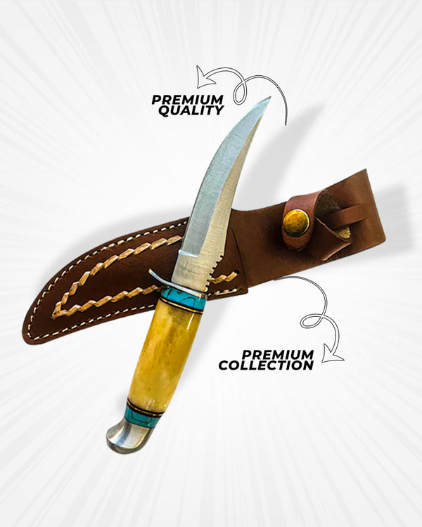 American Damascus Steel Hunting Knife - Fixed Blade Bone Handle, Turquoise Accents & Leather Sheath