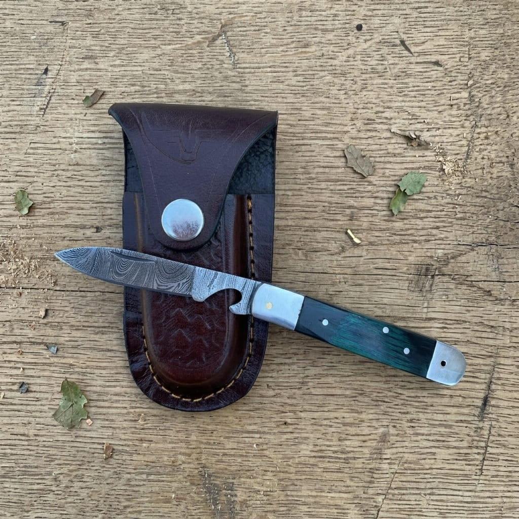 Damascus bottle opener pocket knife with blue multicolor wood handle and leather sheath

