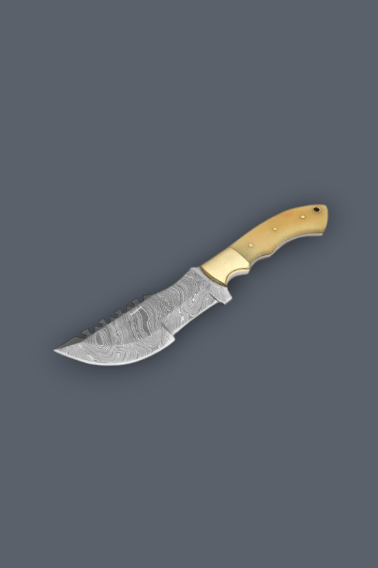 A fixed-blade knife with a patterned steel blade and a light tan handle, shown diagonally on a solid dark gray background.