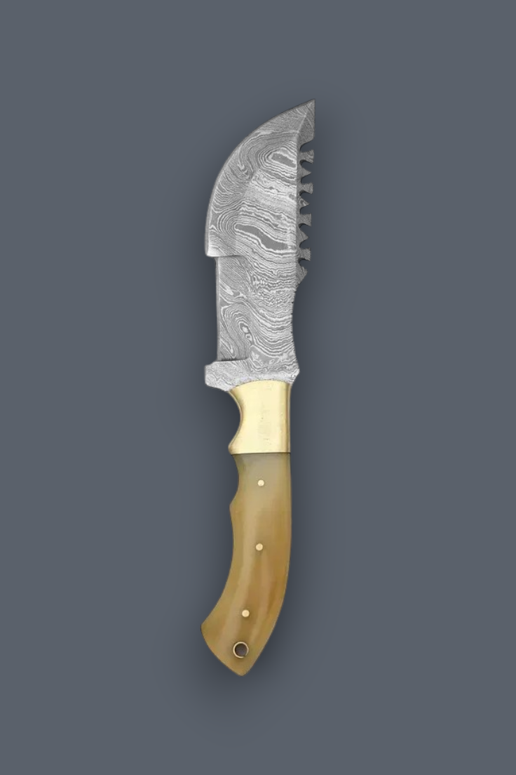 A fixed-blade knife with a patterned Damascus steel blade, a brass bolster, and a light tan bone handle, shown vertically against a dark gray background.
