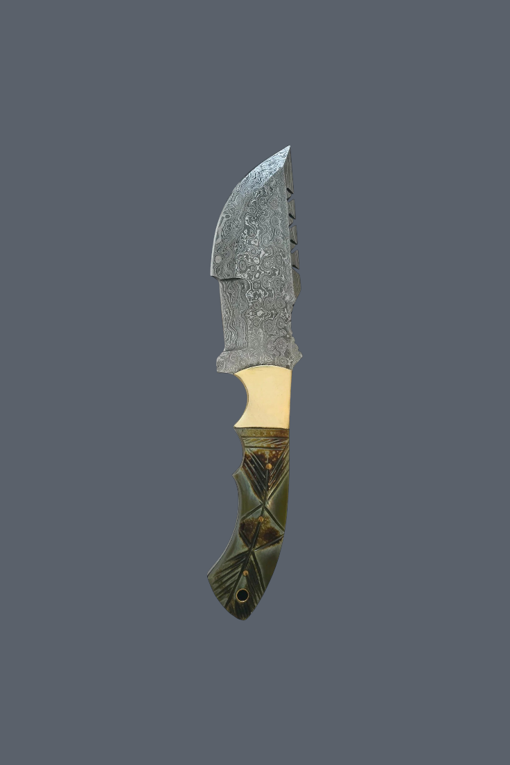 A fixed-blade knife with a textured silver steel blade, a cream-colored bolster, and a dark green carved handle with a leaf design, shown against a solid dark gray background.
