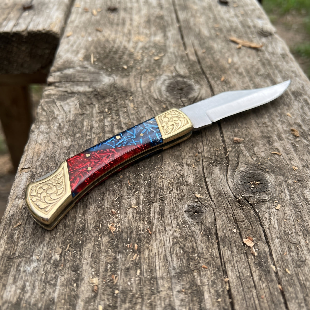 9" Stainless Steel Blade Red & Blue Folding Knife – Plastic Handle Pocket Knife with Engraved Brass Bolsters & Leather Sheath
