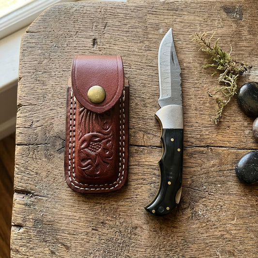 Damascus Steel Folding Pocket Knife with Genuine Leather Sheath – 3" Hand-Forged Blade, EDC & Outdoor Knife