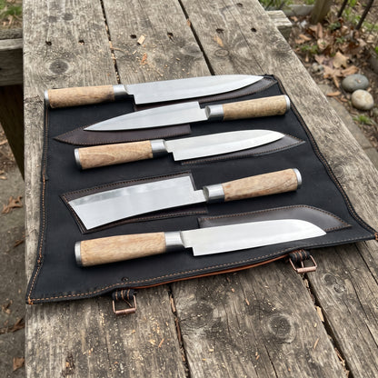 The Hearthwood — Handmade 5-Piece Stainless Steel Chef Knife Set with Pakkawood Handles & Genuine Leather Roll Case