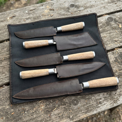 The Hearthwood — Handmade 5-Piece Stainless Steel Chef Knife Set with Pakkawood Handles & Genuine Leather Roll Case