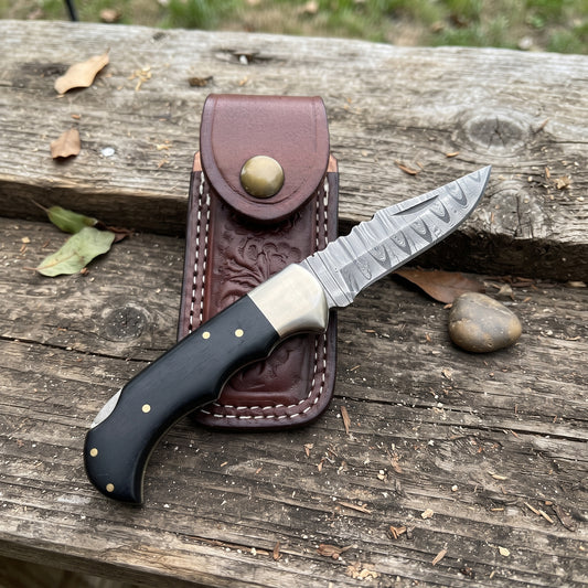 Damascus Steel Folding Pocket Knife with Genuine Leather Sheath – 3" Hand-Forged Blade, EDC & Outdoor Knife