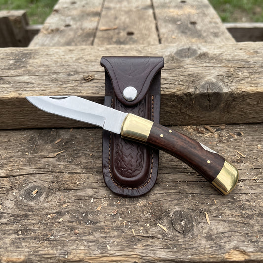 "Old School" Stainless Steel Folding Pocket Knife — Rosewood Handle, Double Brass Bolster, 3.5" Blade with Genuine Leather Sheath