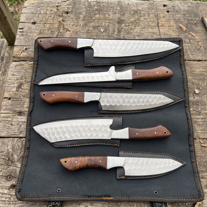 5-Piece Dark Wood Handle Chef Knife Set with Roll Case