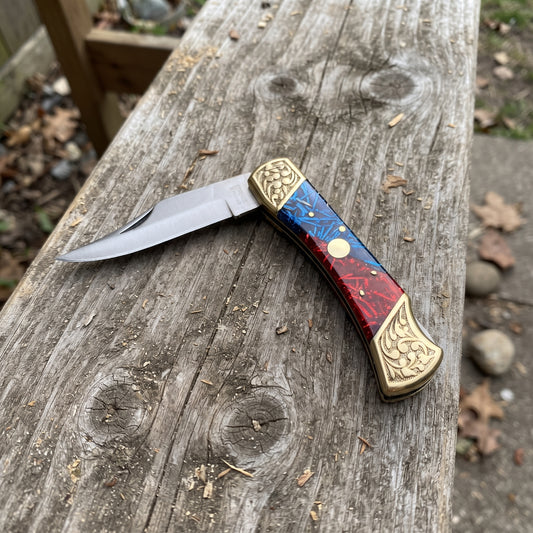 9" Stainless Steel Blade Red & Blue Folding Knife – Plastic Handle Pocket Knife with Engraved Brass Bolsters & Leather Sheath