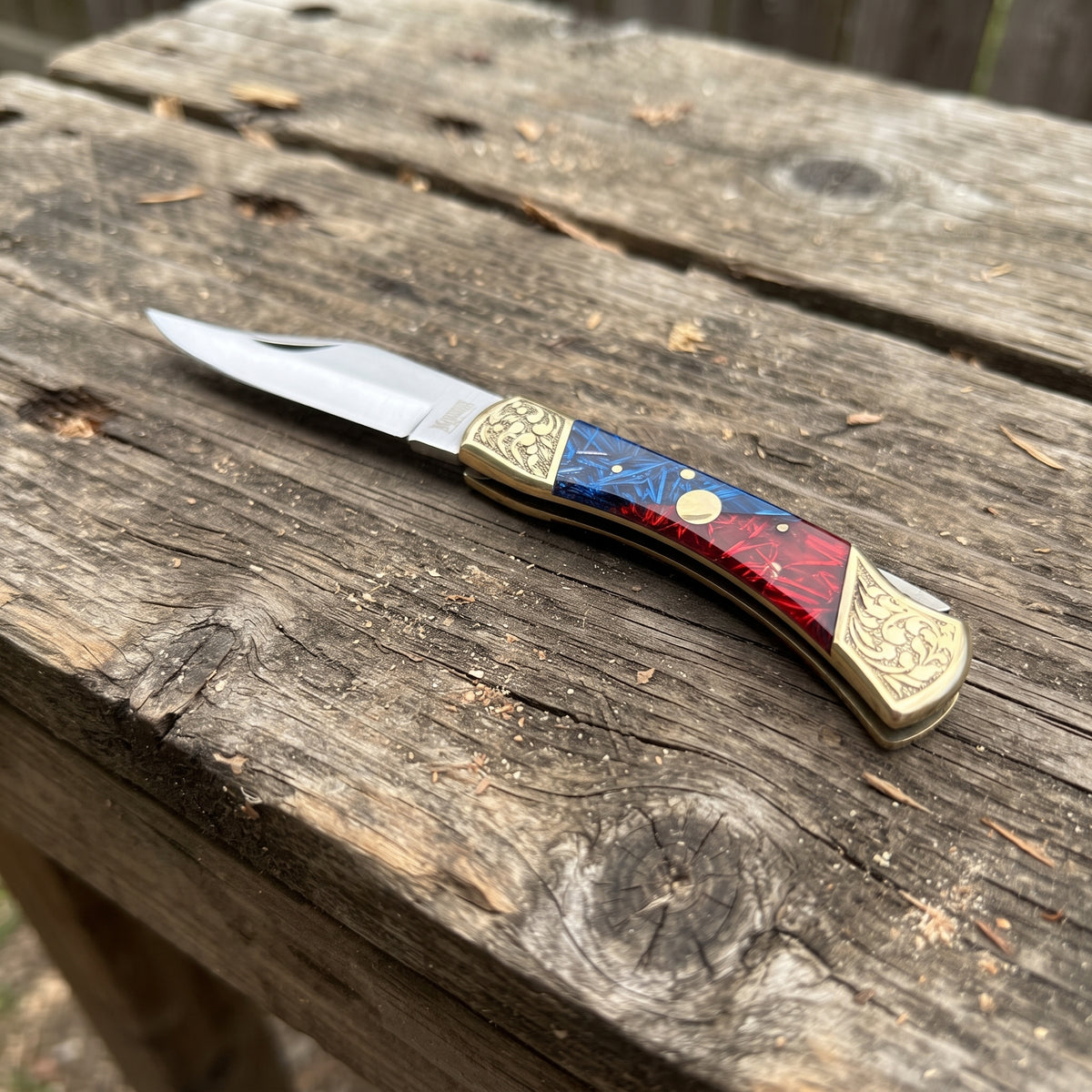 9" Stainless Steel Blade Red & Blue Folding Knife – Plastic Handle Pocket Knife with Engraved Brass Bolsters & Leather Sheath