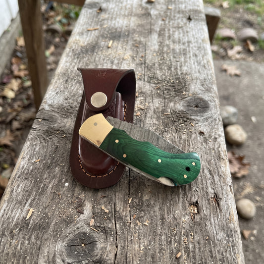 The Trailwood — Handmade Damascus Steel Folding Pocket Knife with Green Pakkawood Handle, Brass Bolster & Leather Sheath