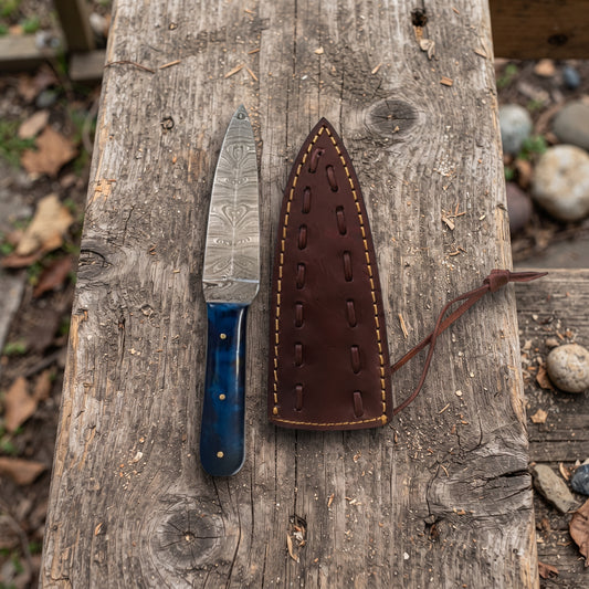 Damascus Fixed Blade Knife with Blue Resin Handle – 4.5" Hand-Forged Blade & Genuine Leather Sheath