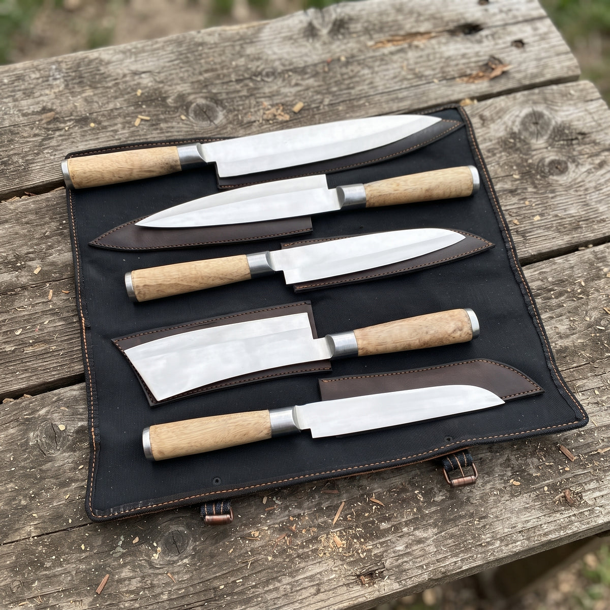 The Hearthwood — Handmade 5-Piece Stainless Steel Chef Knife Set with Pakkawood Handles & Genuine Leather Roll Case
