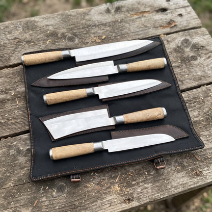 The Hearthwood — Handmade 5-Piece Stainless Steel Chef Knife Set with Pakkawood Handles & Genuine Leather Roll Case