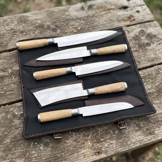 The Hearthwood — Handmade 5-Piece Stainless Steel Chef Knife Set with Pakkawood Handles & Genuine Leather Roll Case