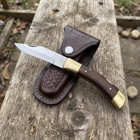 "Old School" Stainless Steel Folding Pocket Knife — Rosewood Handle, Double Brass Bolster, 3.5" Blade with Genuine Leather Sheath
