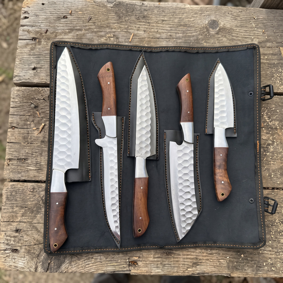 5-Piece Dark Wood Handle Chef Knife Set with Roll Case
