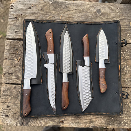 5-Piece Dark Wood Handle Chef Knife Set with Roll Case
