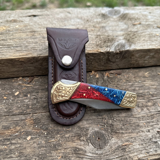 9" Stainless Steel Blade Red & Blue Folding Knife – Plastic Handle Pocket Knife with Engraved Brass Bolsters & Leather Sheath